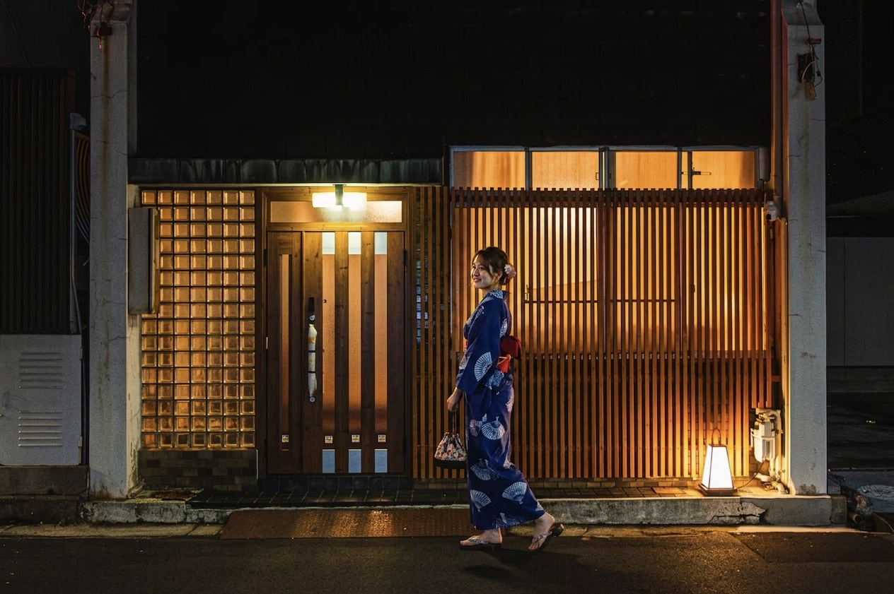 夜の玄関前——灯りのともる古民家の入口